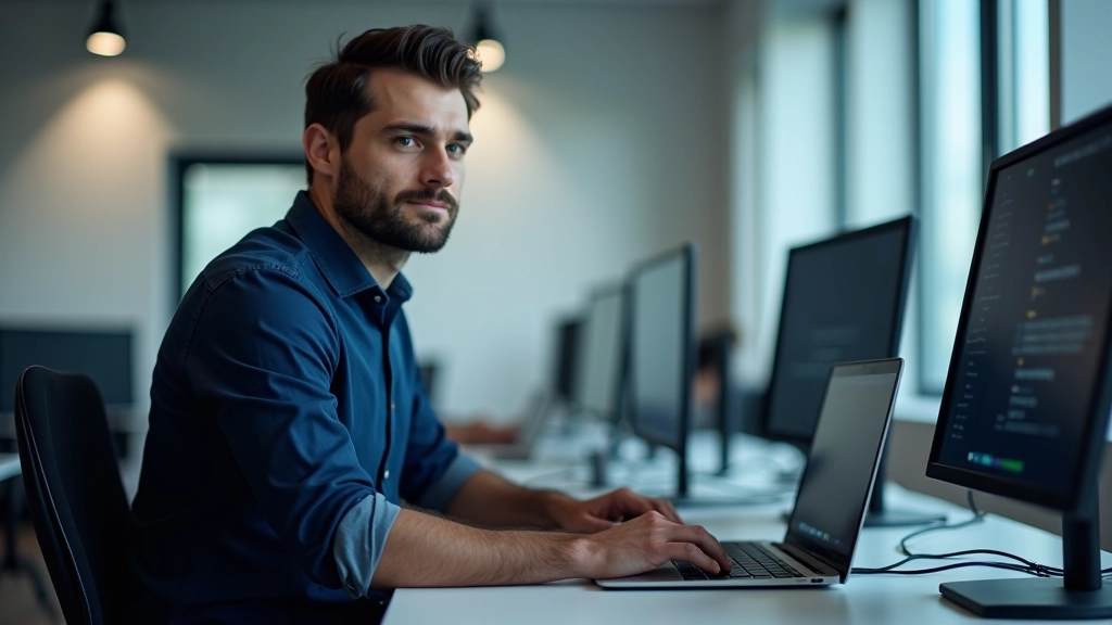 Cybersecurity professional working at desk with multiple monitors, typing on keyboard, modern tech office environment, focused concentration, sharp detail