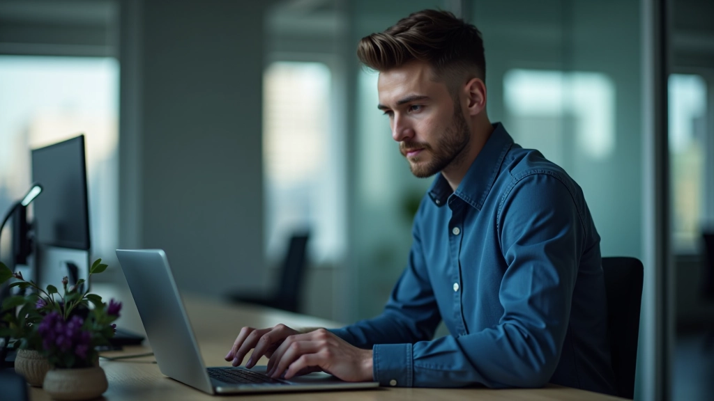 Professional in office environment working on cybersecurity