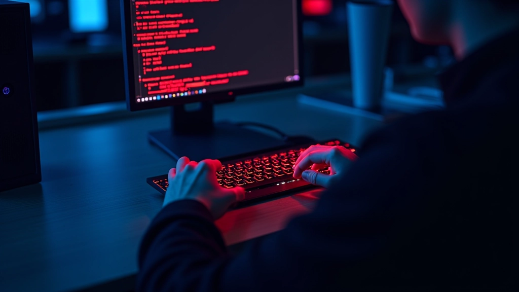 Hands typing on keyboard with red security warning overlay on screen, dark background, cyber threat visualization, dramatic lighting, sharp focus