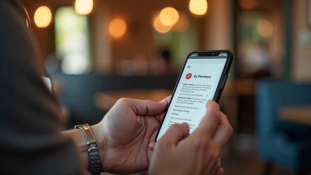Smartphone screen showing phishing email with fake bank logo and login prompt, hand holding phone, modern coffee shop background, warm lighting, sharp focus