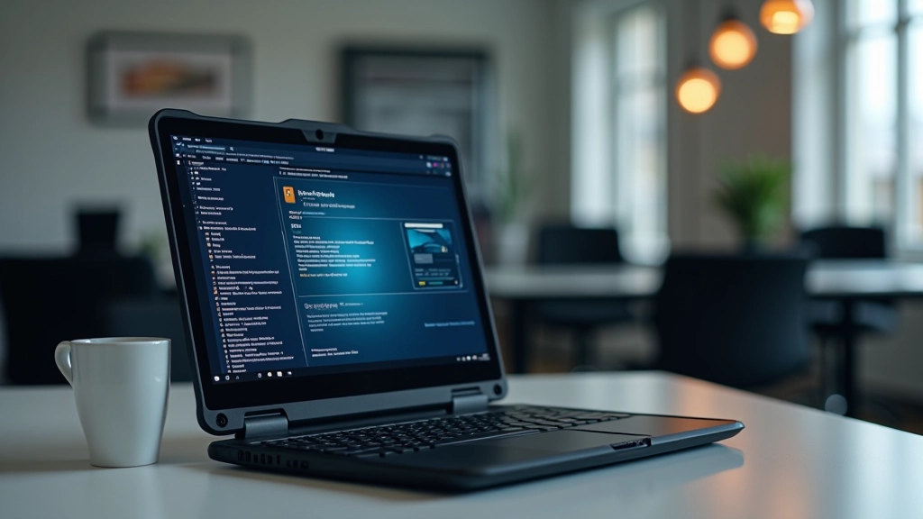 Professional rugged laptop on desk with security features highlighted, modern office workspace, clean lighting, sharp focus