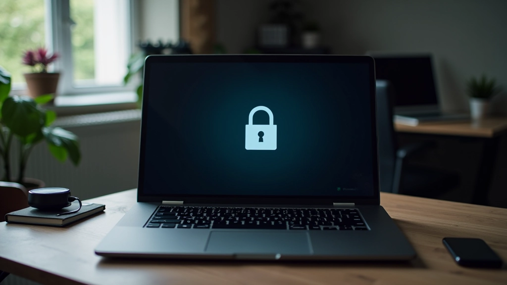 Rugged laptop on desk with security tools, professional workspace setup