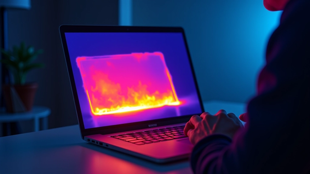 Thermal imaging of laptop showing heat distribution pattern, professional thermal camera shot, temperature gradients visible, technical documentation style