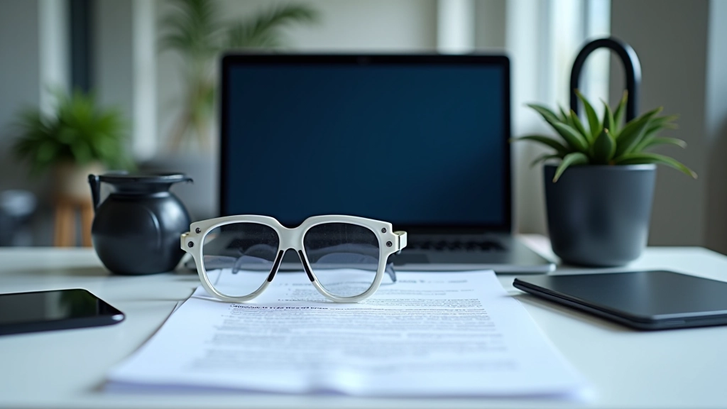 Professional workspace with secure laptop, security documents, and protective gear on clean desk
